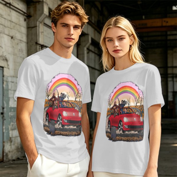 Olive T-Shirt With Red Convertible Car, Rainbow And People Graphic