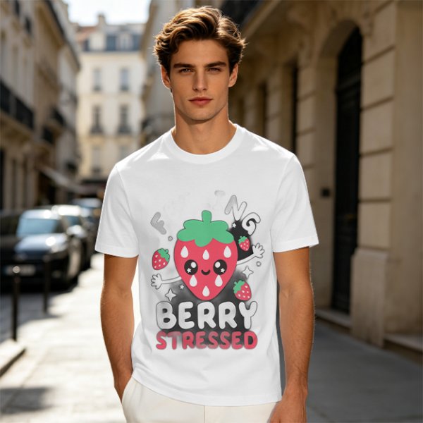 Olive graphic t-shirt with crying strawberry and 'berry stressed' text