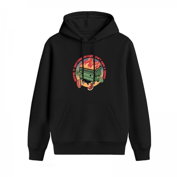 Black hoodie with a running burning dumpster cartoon graphic