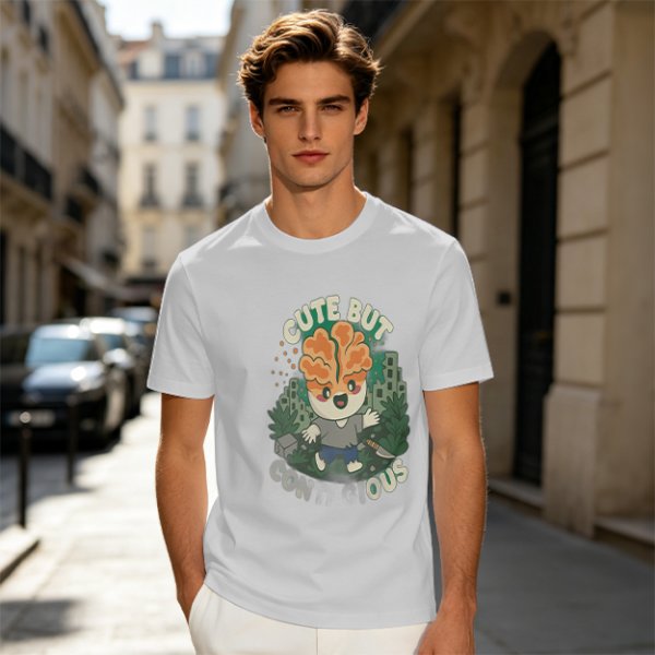 Olive t-shirt with cute brain character and 'Cute But Ous' print
