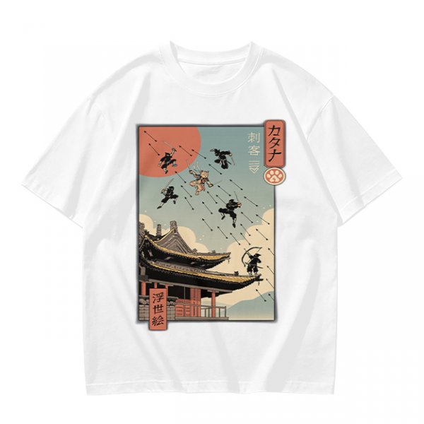 Olive T-Shirt with Ukiyo-e Style Ninja Temple Print