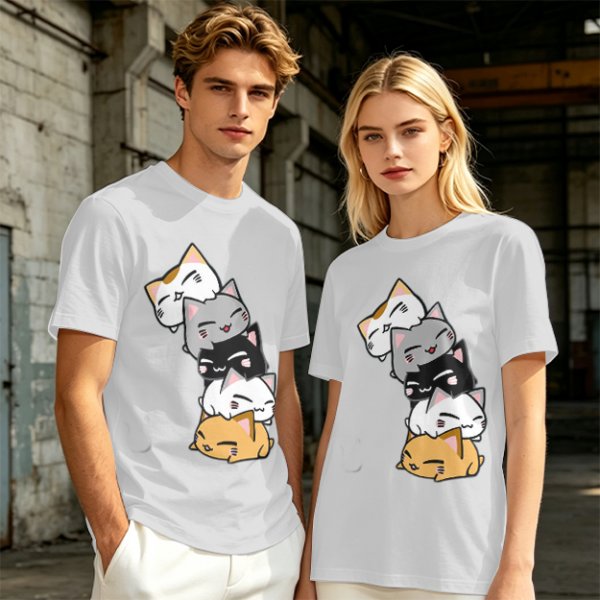 Olive T-Shirt With Stacked Cute Chibi Cats Graphic