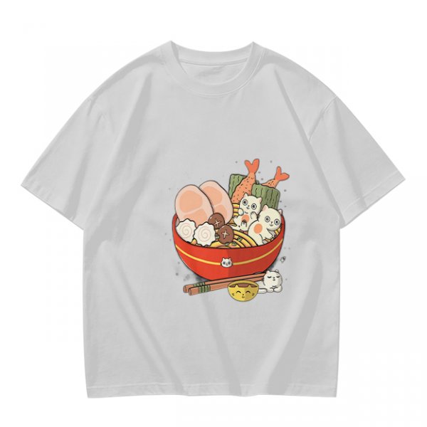 Olive T-Shirt With Cute Cat Ramen Bowl Graphic Print