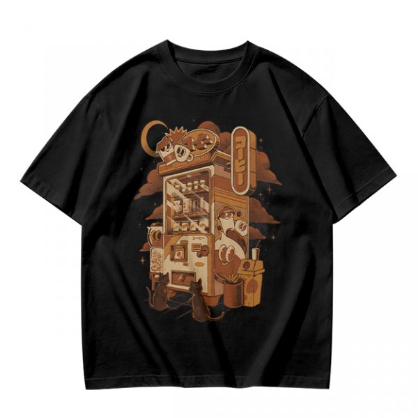 Olive T-Shirt with Coffee Vending Machine and Cats Graphic