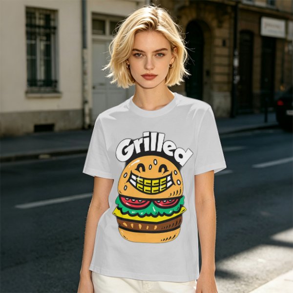 Olive T-Shirt with Smiling Grilled Burger Graphic