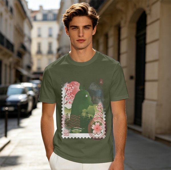 Olive T-Shirt with Totoro Cherry Blossom Stamp Art Print