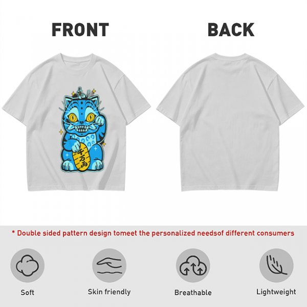 Olive T-Shirt With Blue Maneki-Neko Monster Graphic Print