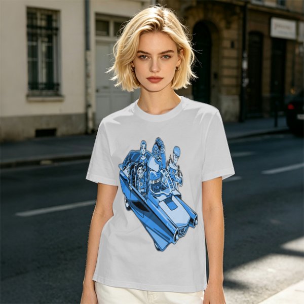 Olive T-shirt with retro blue cartoon car and characters graphic