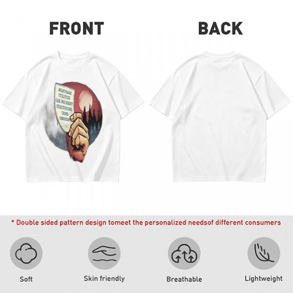 Olive T-Shirt With Hand Holding Bill Of Monthly Expenses Art