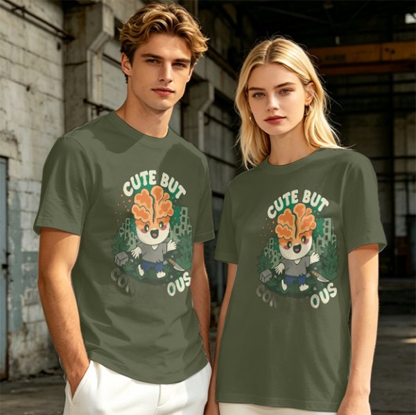 Olive t-shirt with cute brain character and 'Cute But Ous' print