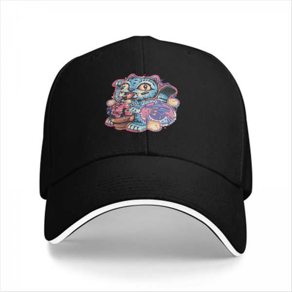 Black Baseball Cap With Whimsical Blue Cat Art Print