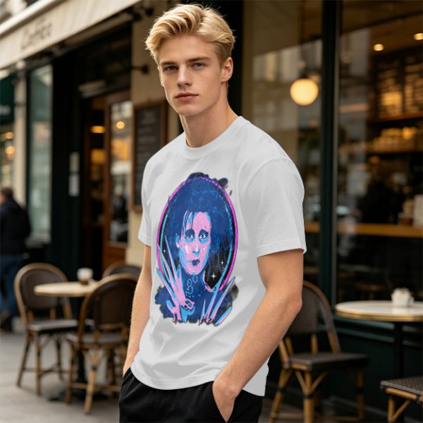 Olive T-Shirt With Neon Edward Scissorhands Portrait Print