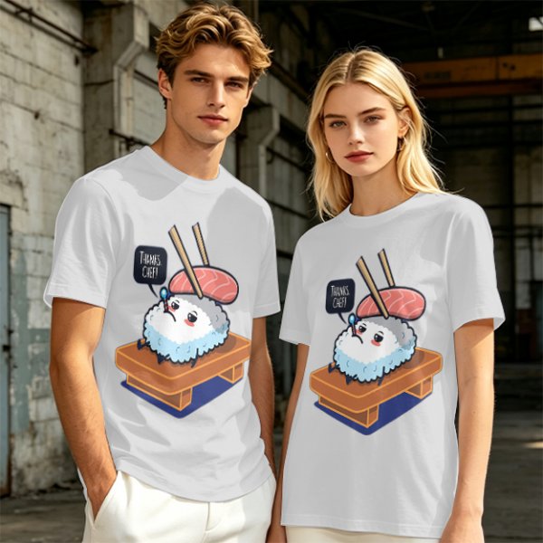 Olive T-Shirt With Sad Sushi Character Saying Thanks Chef Print