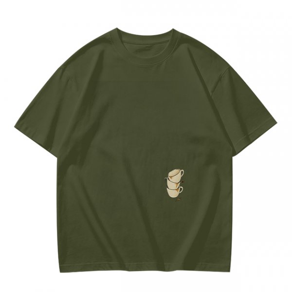 Olive Green Oversized T-Shirt With Stacked Teacup Graphic