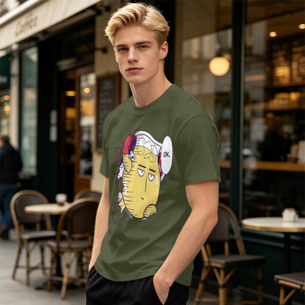 Oversized Olive T-Shirt with Saitama 'OK' Anime Graphic Print