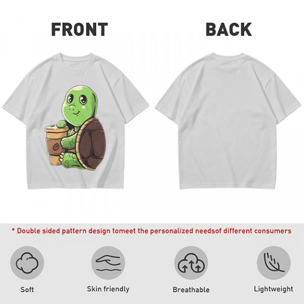 Olive Green T-Shirt With Cute Turtle Holding Coffee Cup Print