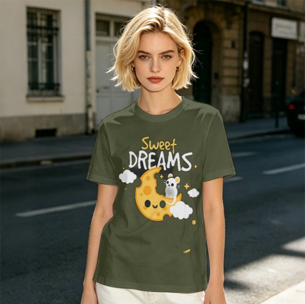 Olive t-shirt with sweet dreams cheese moon and mouse graphic