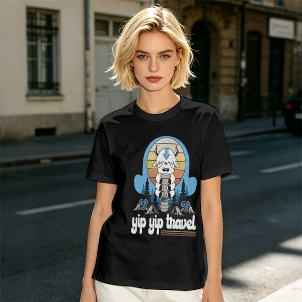 Olive green t-shirt with Appa graphic and 'yip yip travel' text