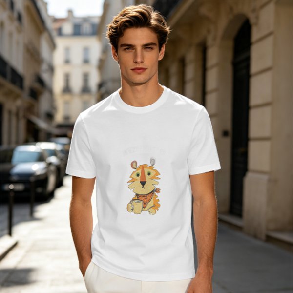 Olive Green T-Shirt with Cute Tiger Holding Coffee Mug Print