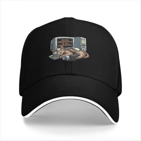 Black Baseball Cap With 'Being Productive Is So Overrated' Cat Computer Art