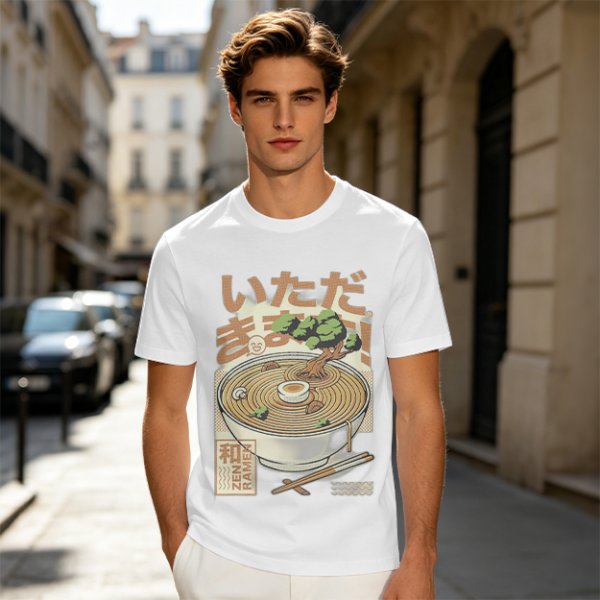 Olive green t-shirt with zen ramen bowl and bonsai tree print