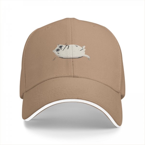 Black baseball cap with a stressed chubby white cat graphic