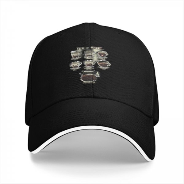 Black baseball cap with coffee types graphic print