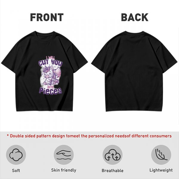 Olive t-shirt with a cute unicorn holding an axe and the text I will cut you into pieces