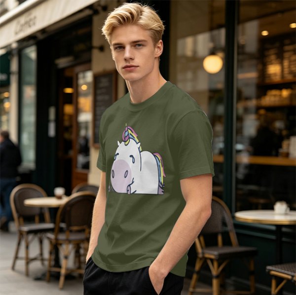 Olive Green T-Shirt With Crying Chubby Unicorn Rainbow Print