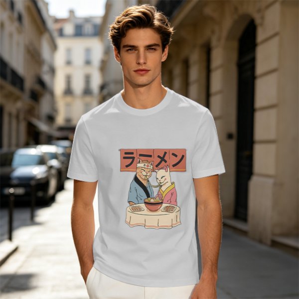 Olive T-Shirt With Cats Eating Ramen Japanese Art Print