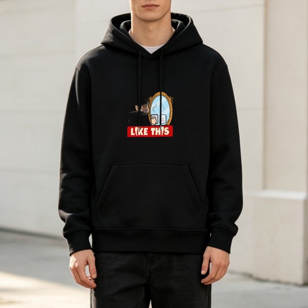 Black hoodie with mirror vampire holding coffee graphic and 'LIKE THIS' text