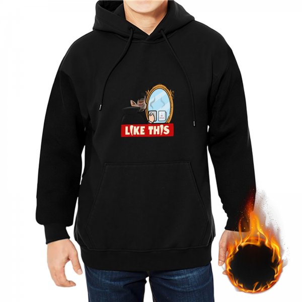 Black hoodie with mirror vampire holding coffee graphic and 'LIKE THIS' text