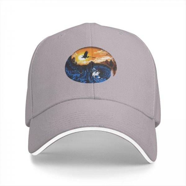 Black baseball cap with yin-yang dragon sunset and night artwork