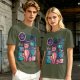 Olive T-Shirt with Cyberpunk Pink Cat and Robotic Tech Print