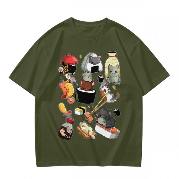 Olive T-Shirt With Cute Sushi Cat Illustrations