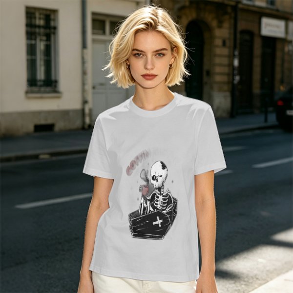 Olive T-shirt with Skeleton in Coffin Holding Coffee Print