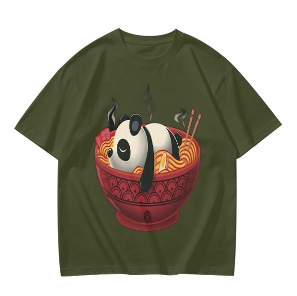 Olive green t-shirt with a panda relaxing in a steaming ramen bowl print