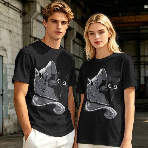 Olive Green T-Shirt With Black Cat Peeking From Knight Helmet Art