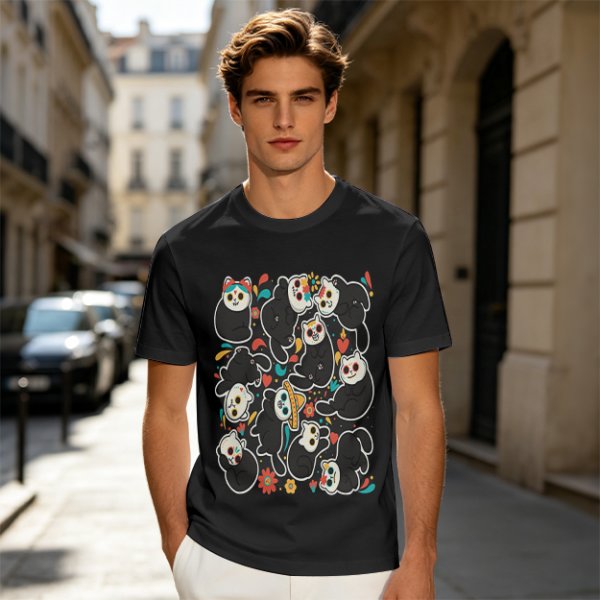 Olive T-Shirt With Day Of The Dead Cat Skull Graphic Print