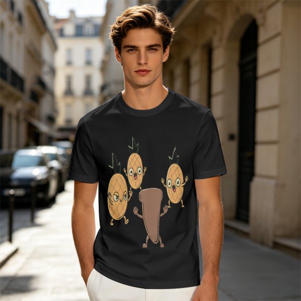 Olive T-Shirt With Cartoon Pineapples And Brown Character Graphic