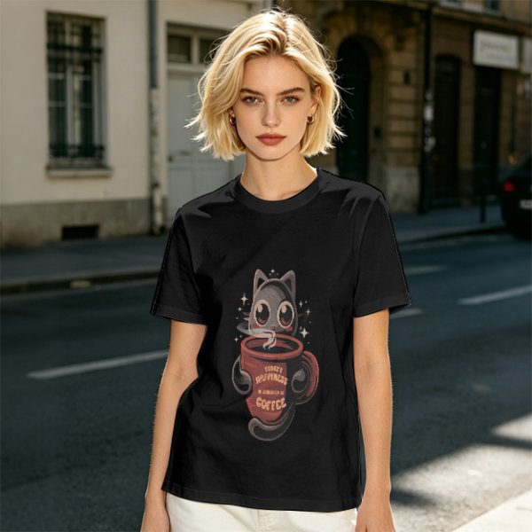 Olive t-shirt with a cartoon cat and coffee cup graphic