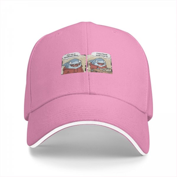 Black baseball cap with funny shark seafood diet meme print