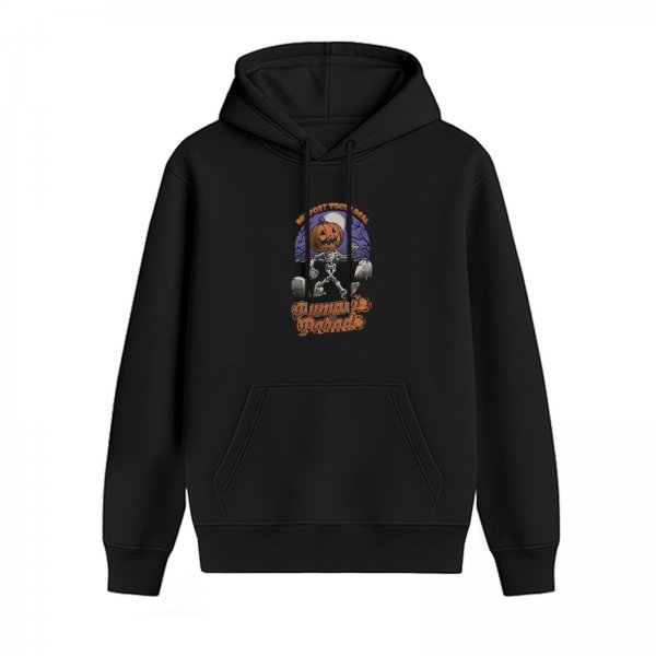 Black Halloween Hoodie with Pumpkin Skeleton Parade Graphic