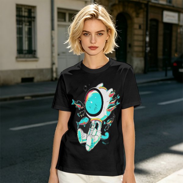 Olive T-Shirt with Astronaut Cat and Fish Graphic Print