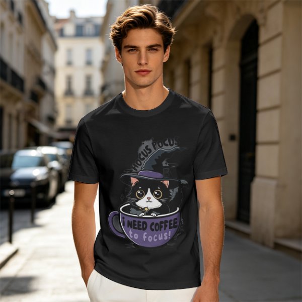 Olive t-shirt with witch cat in coffee cup 'Hocus Pocus I Need Coffee'