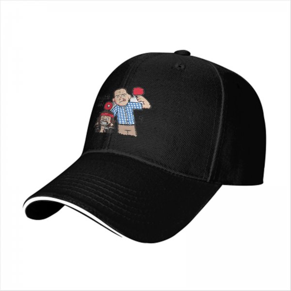Black baseball cap with Forrest Gump ping pong cartoon graphic