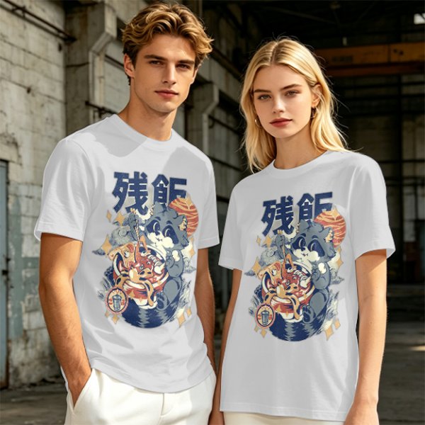 Olive green graphic t-shirt with raccoon eating ramen print