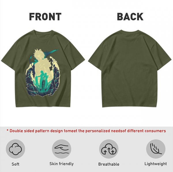 Anime Silhouette Graphic Olive Green Short Sleeve T-Shirt