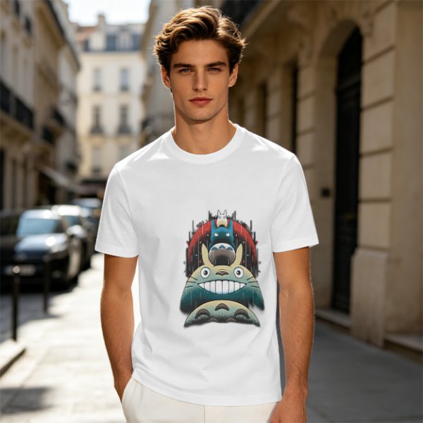 Olive green t-shirt with stacked Totoro characters graphic