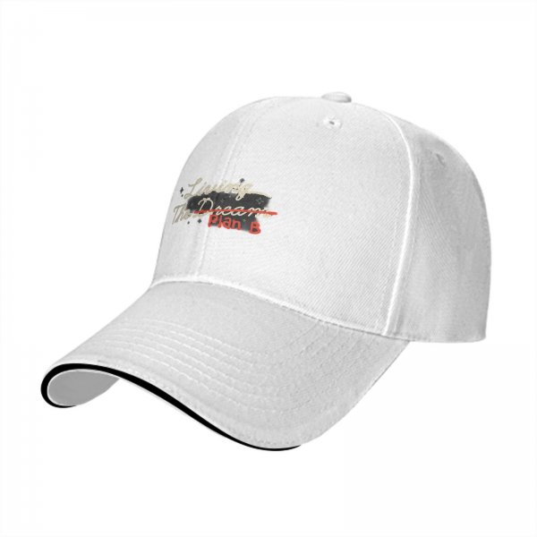 Black baseball cap with 'Living The Dream Plan B' graphic print